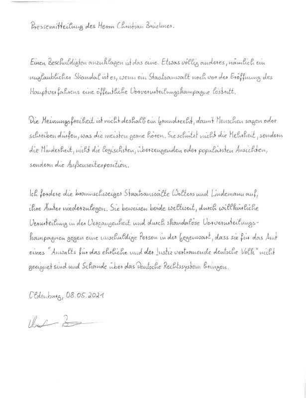 La carta de Christian Brueckner asegurando ser inocente por el crimen de Madeleine McCann -