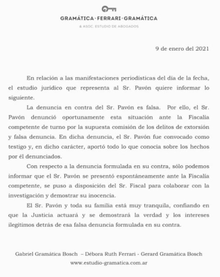 Informe estudio jurídico, denuncia de Pavón a Doyle, de falsa denuncia y delito de extorsión.