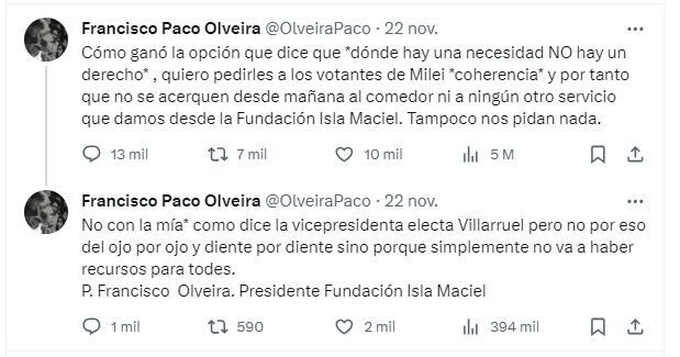 El posteo en X del padre "Paco" Olveira contra los votantes de Milei: "No se acerquen al comedor"