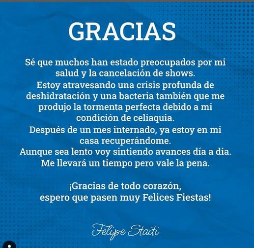 El guitarrista de los Enanitos Verdes contó que pasó un mes internado en un mensaje de su cuenta de Instagram. / @felipestaitioficial