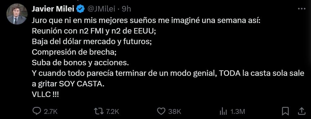 El posteo de Javier Milei en las redes sociales. Captura: X / @JMilei
