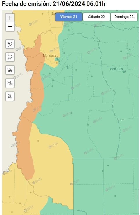 Alertas del SMN para hoy, viernes 21 de junio, en Mendoza