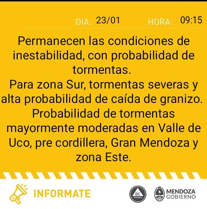 Alerta amarilla por tormentas para Mendoza (23/01/23) / Defensa Civil
