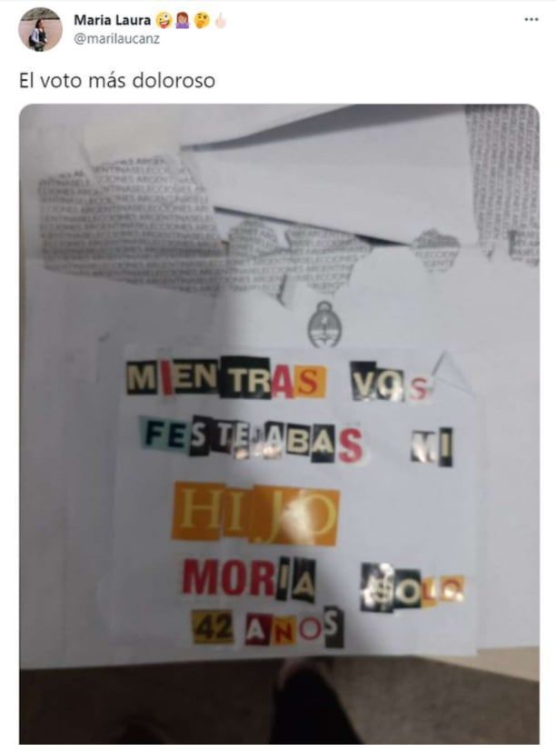 María Laura Canziani fue la fiscal de mesa que mostró el papel que estaba dentro de uno de los sobres, “cuando lo saqué y lo leí me partió el corazón”, destacó.