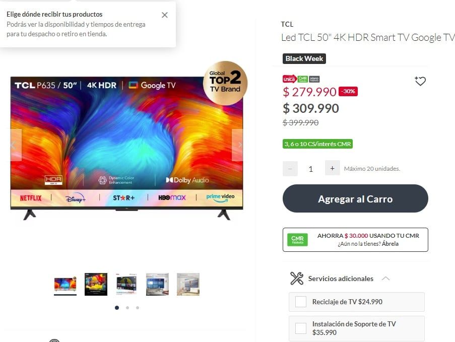 Precio de Smart TV TCL en Falabella Chile