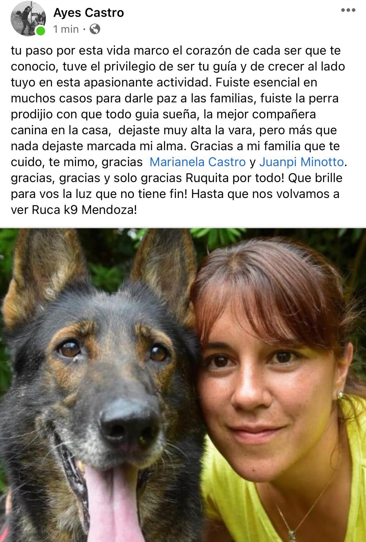 La perra que ayudó a esclarecer casos policiales en Mendoza falleció este miércoles.