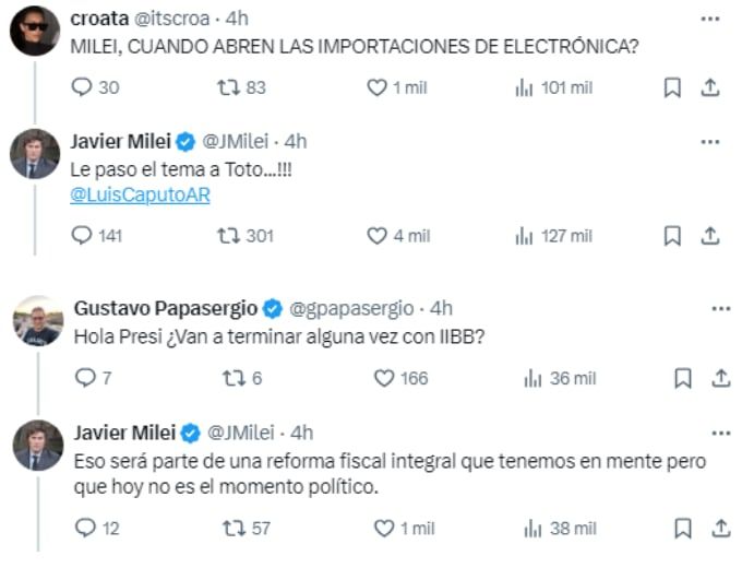 Las respuestas de Javier Milei a sus seguidores. Foto: Captura X.