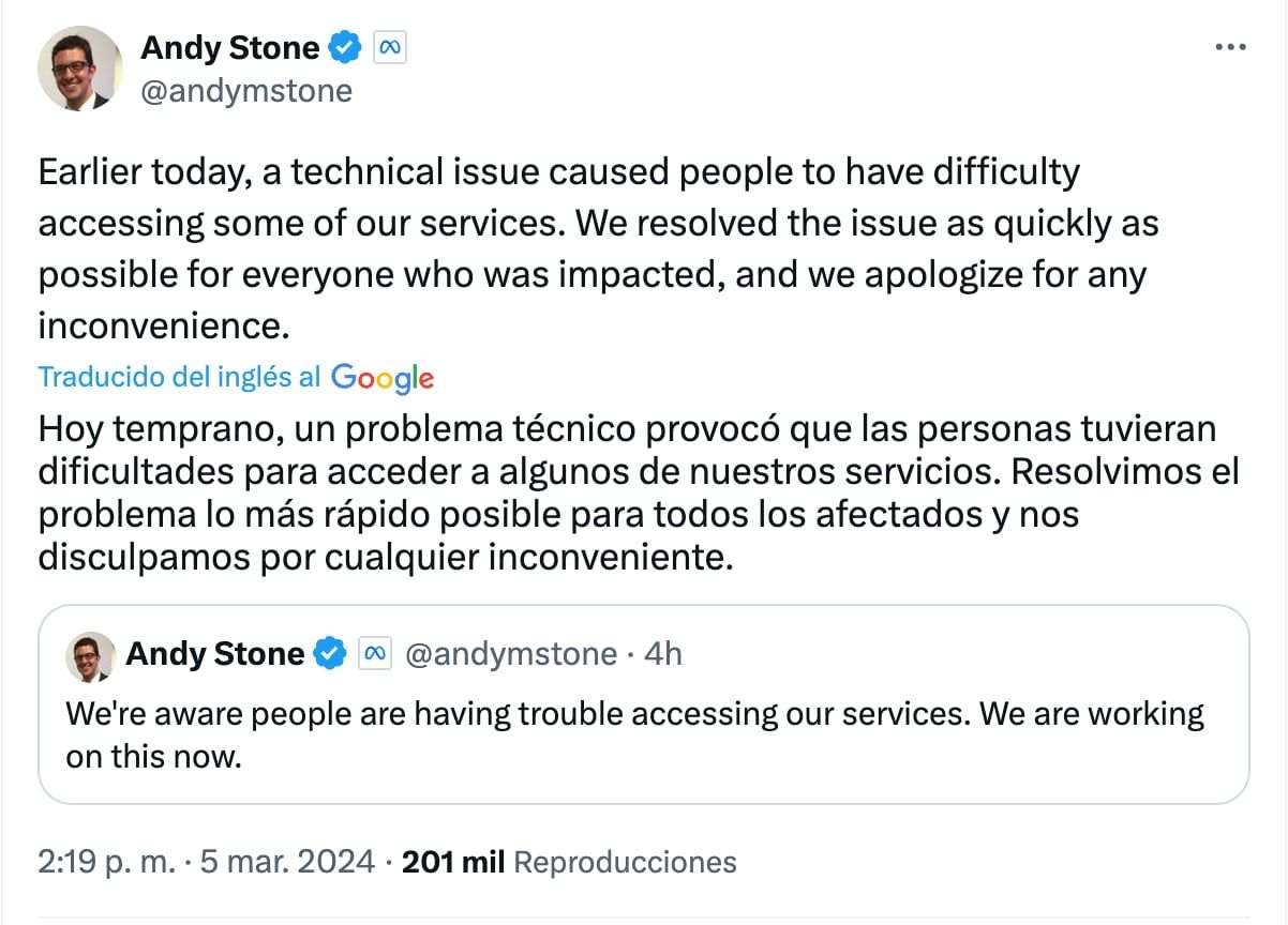 El portavoz de Meta, Andy Stone, explicó las razones de la caída de Facebook e Instagram a través de su cuenta en X.
