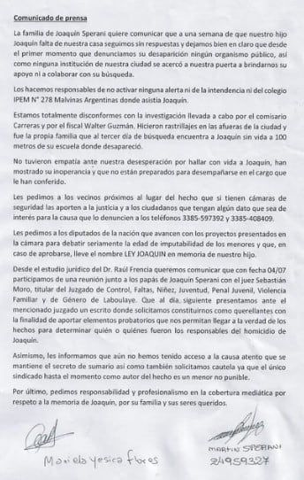 La carta completa. Gentileza: cba24n.com.ar