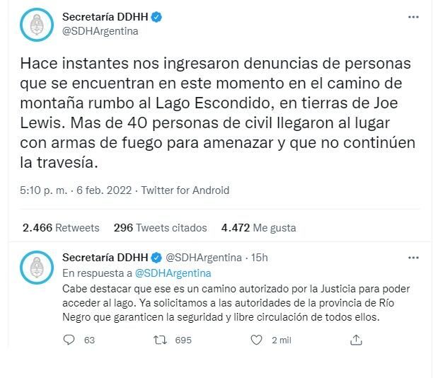 El comunicado de la Secretaría de Derechos Humanos de la Nación sobre lo ocurrido en Lago Escondido