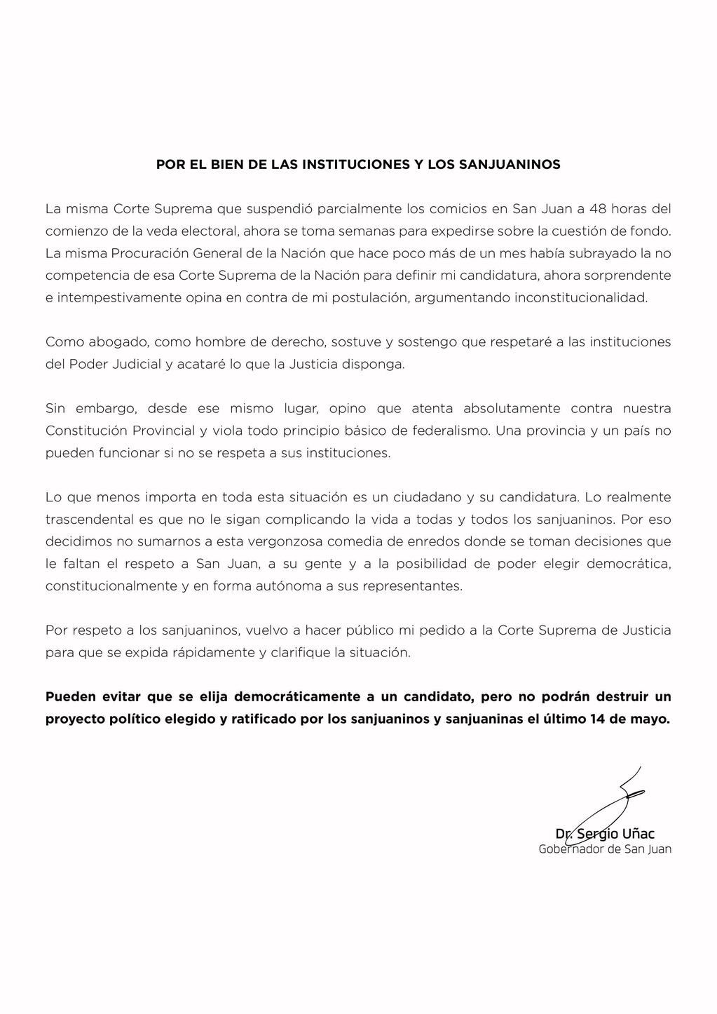 El comunicado oficial de Sergio Uñac.