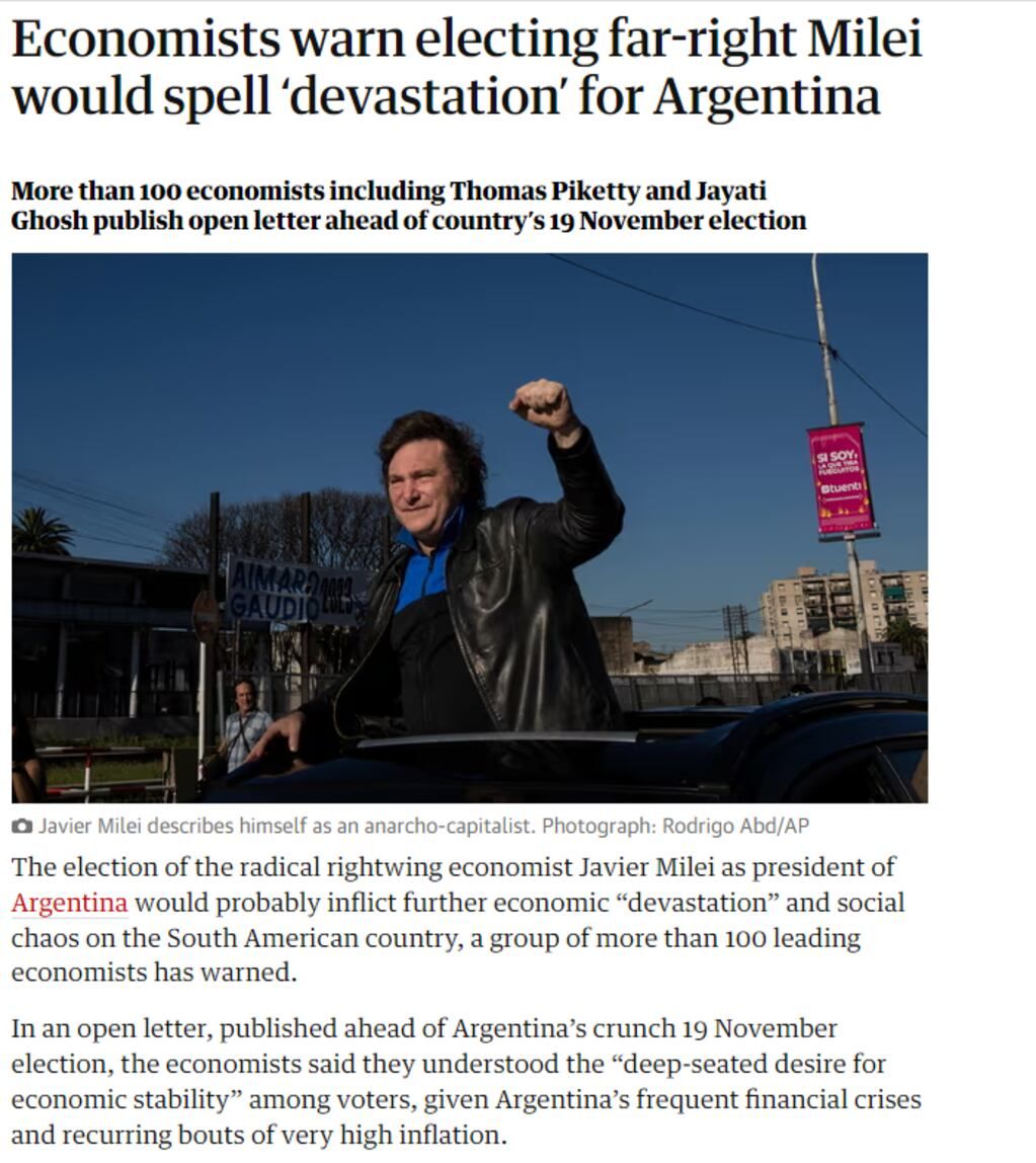 The Guardian:  Economists warn electing far-right Milei would spell ‘devastation’ for Argentina