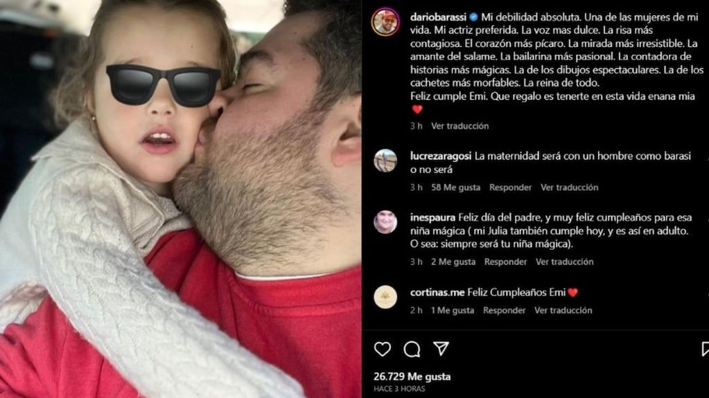 El tierno posteo de Darío Barassi para su hija en su cumpleaños y en el Día del Padre