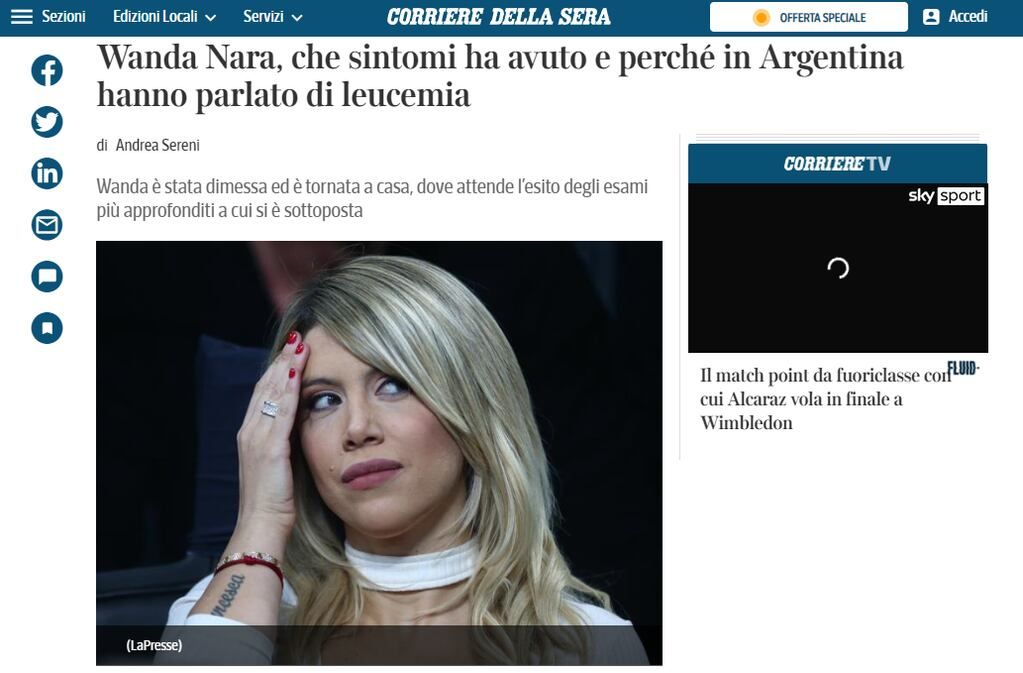 "Wanda Nara qué síntomas tiene y por qué en Argentina hablaron de leucemia", dice el diario italiano