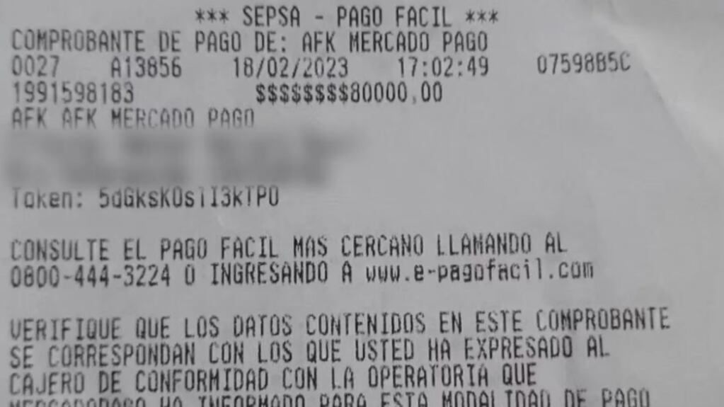 El comprobante de la transferencia que Héctor envió a través de Pago Fácil. Foto: Matías B.