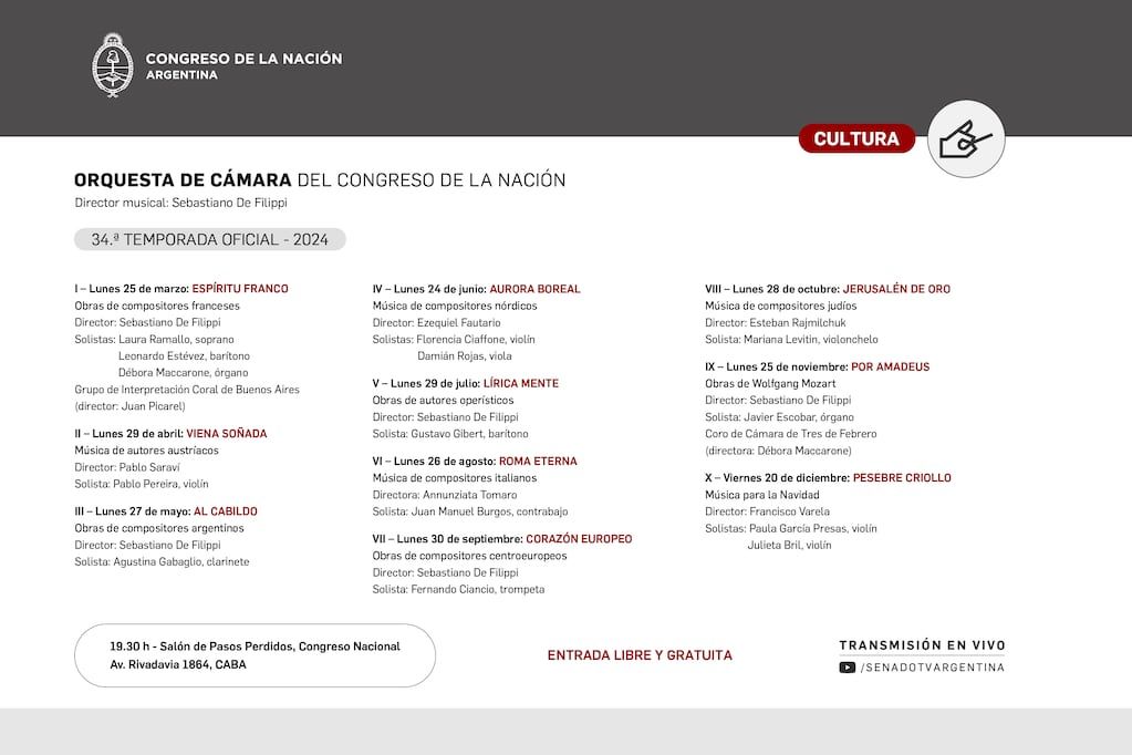 Grilla completa de los conciertos que ofrece la Orquesta de Cámara del Congreso Nacional en esta temporada 2024.