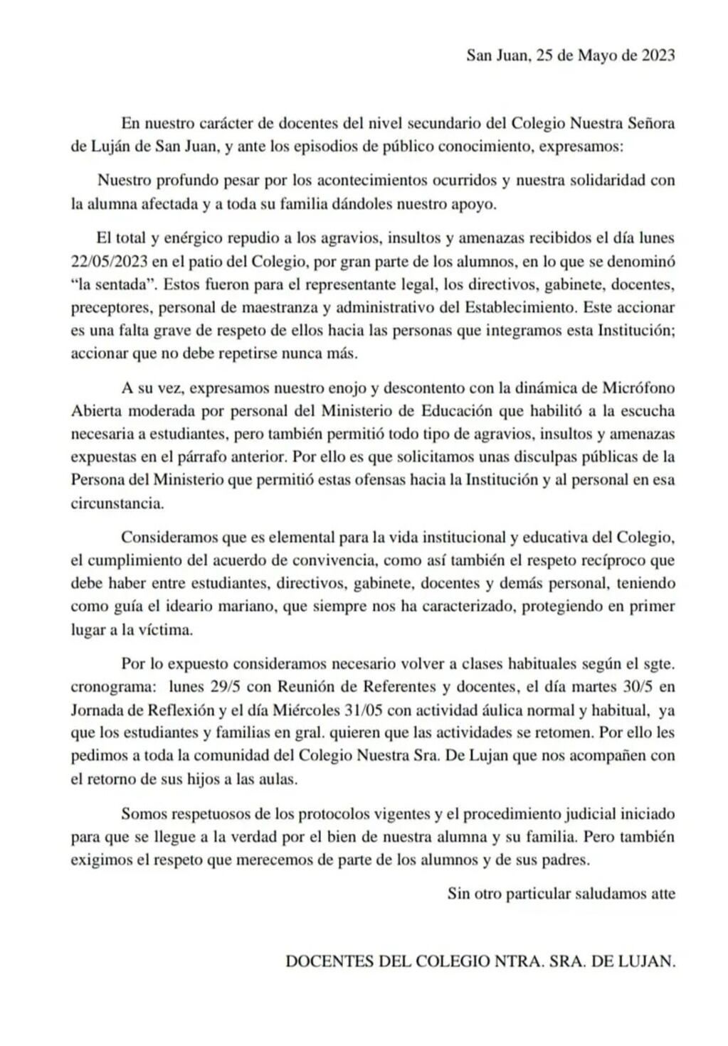 El comunicado de parte de los docentes del Colegio Luján. /Foto Tiempo de San Juan