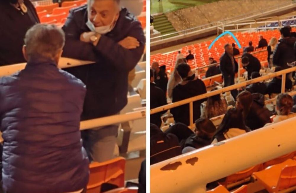 Alejandro Gullé (procurador de la Corte) charla con José Mansur (presidente del club Godoy Cruz, de espaldas). A la derecha, el diputado nacional Alfredo Cornejo, también en la platea techada del Malvinas. / gentileza