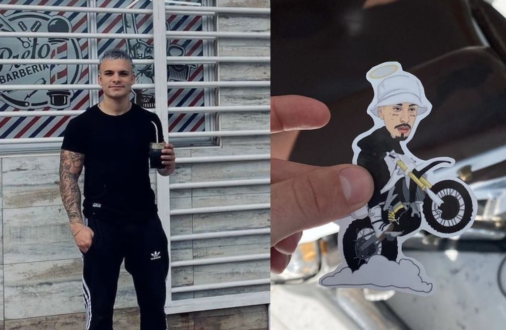 Imágen izq.: Martín Pretorani en el frente de su barbería Preto. Imagen der.: La calcomanía que el nene le regaló en agradecimiento por el corte. Foto: Martín Pretorani / Redes