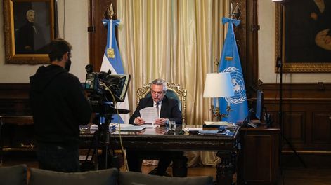 Alberto Fernández habló ante la Asamblea General de Naciones Unidas a través de un video. Foto Presidencia.