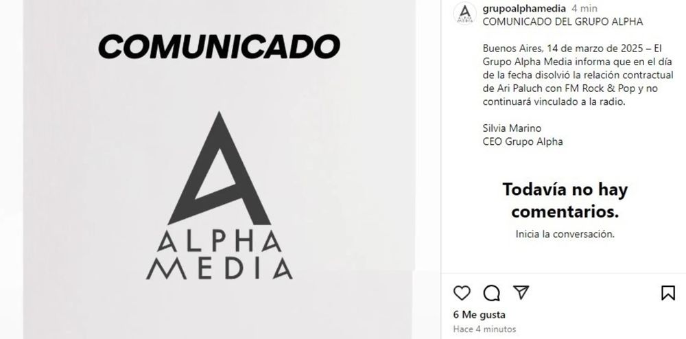 El comunicado de Alpha Media sobre el despido de Ari Paluch.