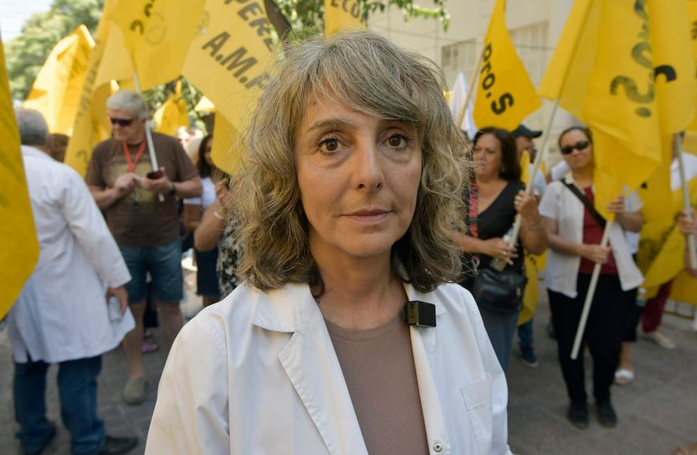 Marcha y protesta de AMPROSClaudia Iturbe, la secretaria gremial en AMPros, se manifestó en la Peatonal Sarmiento Foto: Orlando Pelichotti