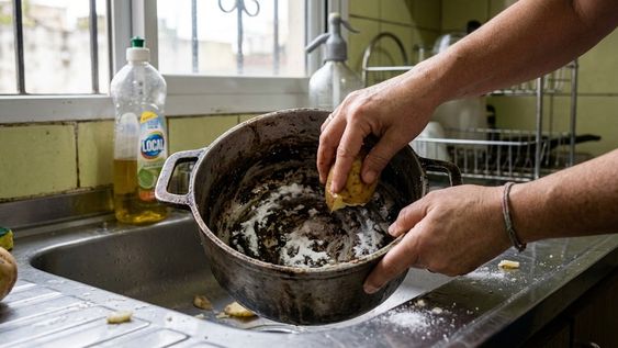 el truco de las cascaras de papa y bicarbonato para quitar el oxido de ollas y sartenes para que queden impecables