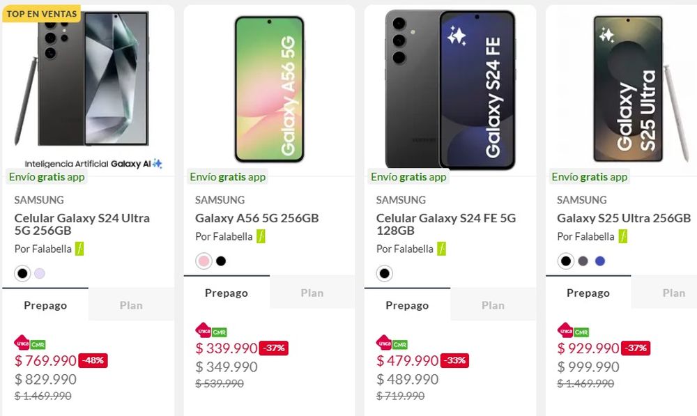 Teléfonos Samsung en liquidación - Falabella Chile (octubre de 2025)