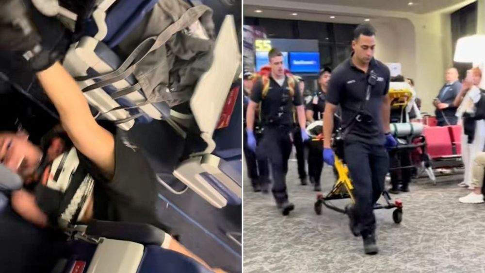 La mujer fue retirada atada en una camilla. 