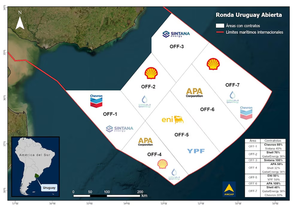 Un mapa de la Ronda Uruguay Abierta: los bloques marítimos de exploración petrolera adjudicados a empresas internacionales según ANCAP.
