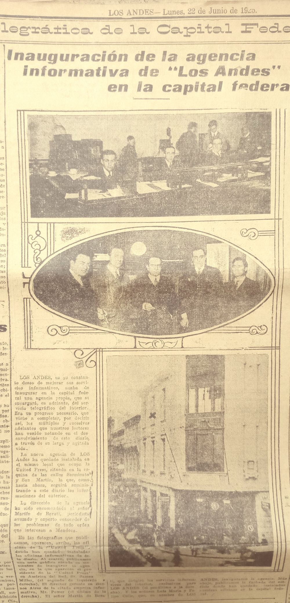 Facsimil de la página de Los Andes de junio de 1925 que reflejó la noticia.
