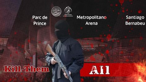 Alarma en Europa por amenazas de Estado Islámico de atacar durante los partidos de la Champions League. En la imagen, un miliciano con una pantalla de fondo donde se leen los nombres de los estadios y debajo, en rojo, la leyenda Mátenlos a todos.