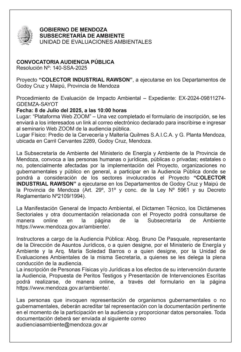 Convocatoria a Audiencia Pública: Colector Industrial Rawson