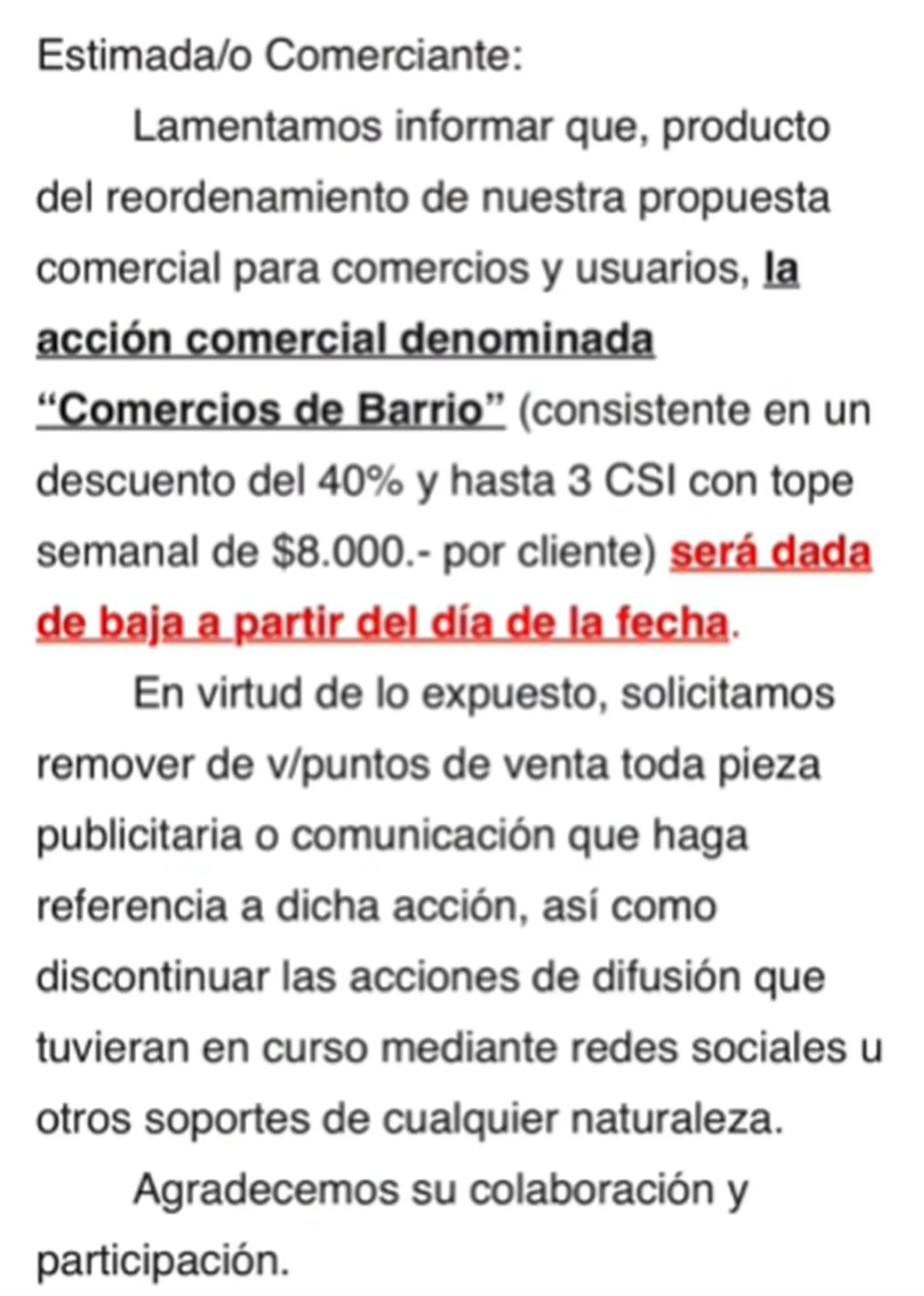El mensaje del Banco Nación para los comercios adheridos. 