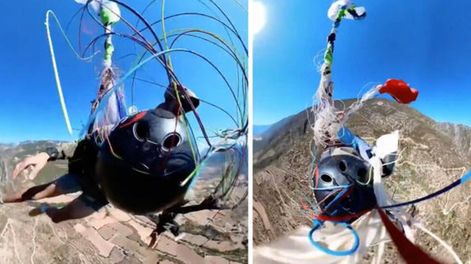 Kevin Philipp sufrió un susto de muerte cuando su paracaídas se enredó con los cables. Foto: Web