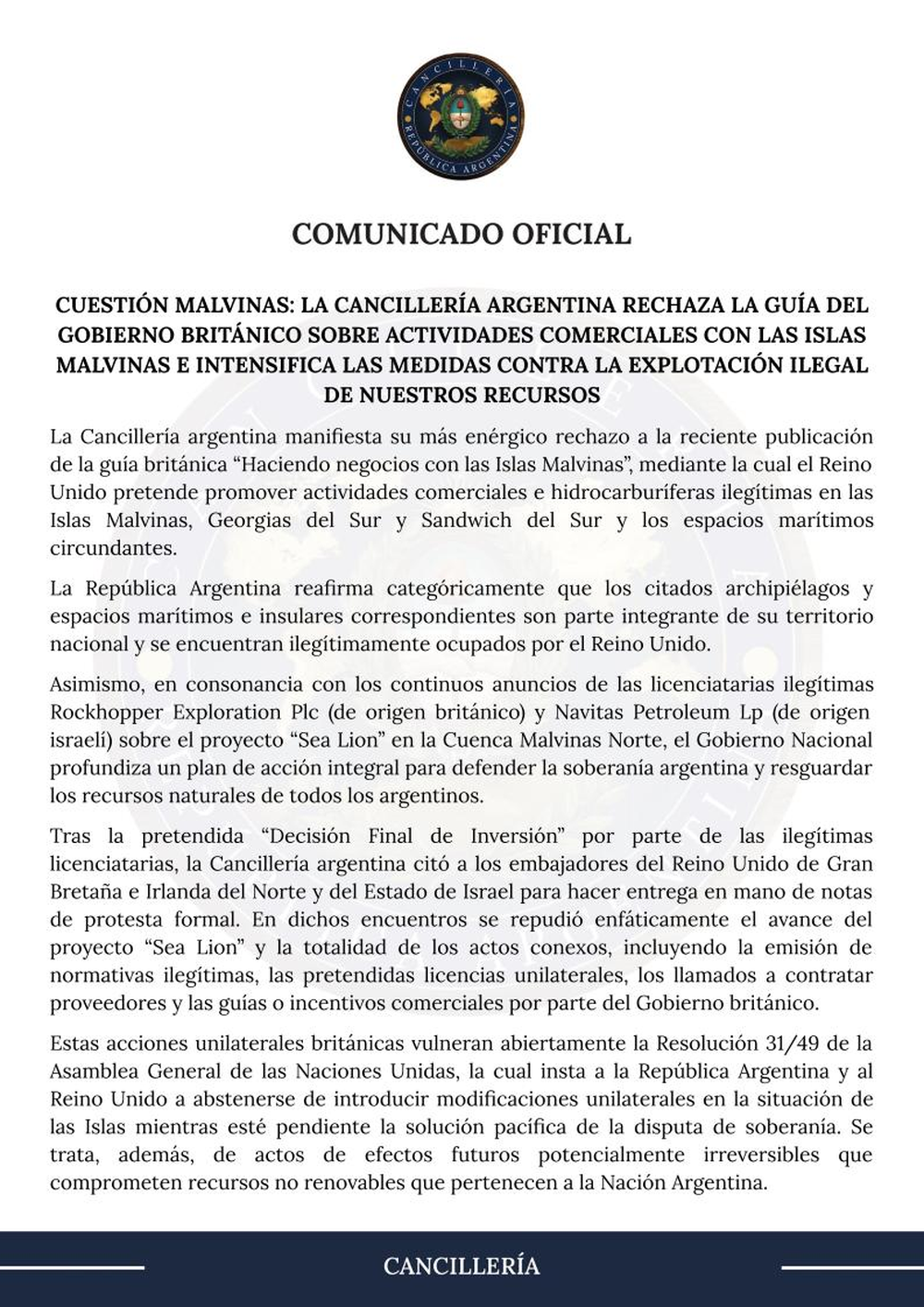 Comunicado de Cancillería sobre la cuestión Malvinas.