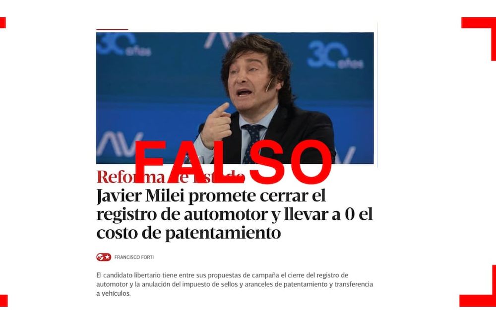 No, Clarín no publicó una noticia sobre una supuesta promesa de Javier Milei de cerrar el Registro Automotor, y esa propuesta no figura en su plataforma electoral. Foto: Reverso