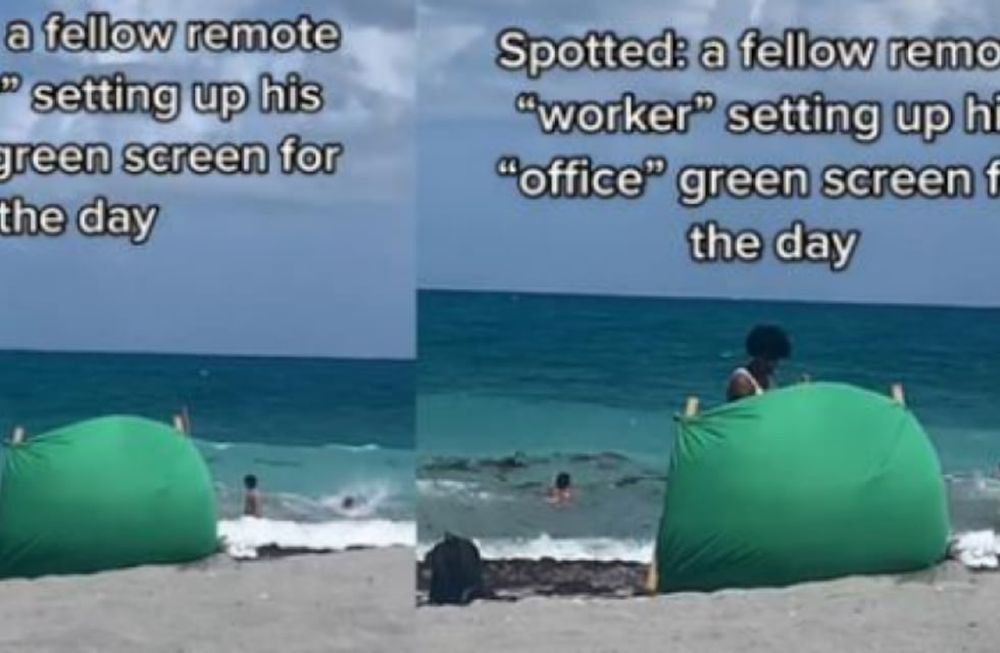 Un joven instala un croma para teletrabajar desde la playa. Foto: Web