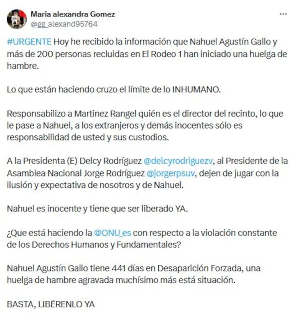 Posteo de la esposa de Nahuel Gallo, detenido en Venezuela.