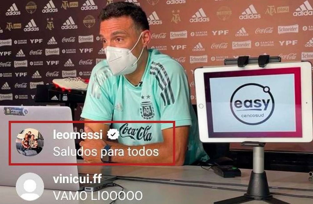 Lionel Messi, delantero y capitán de la selección argentina, se conectó al vivo de Instagram de la cuenta de la selección argentina mientras el DT Lionel Scaloni daba una conferencia de prensa. (Captura de imagen)
