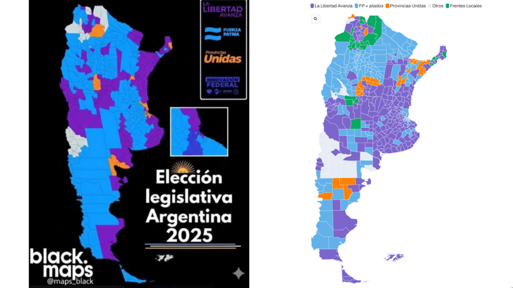 A la izquierda el mapa desinformante, a la derecha el mapa realizado por Chequeado con información oficial de los resultados de las elecciones legislativas