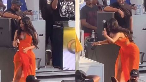 La cantante oriunda de Nueva York no se quedó de brazos cruzados y con todas sus fuerzas le lanzó su micrófono a la joven que la agredió. Gentileza: Pantallazo.