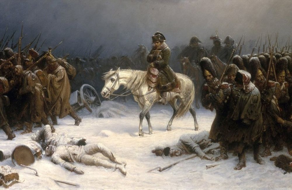 Campaña de Napoleón en Rusia, en el invierno de 1812. El frío era tan extremo (30 a 40 ºC bajo cero), que botones de estaño blanco de los capotes de los soldados se pulverizaban y los hombres no luchaban para sostener sus armas y mantener cerrados sus abrigos para no congelarse