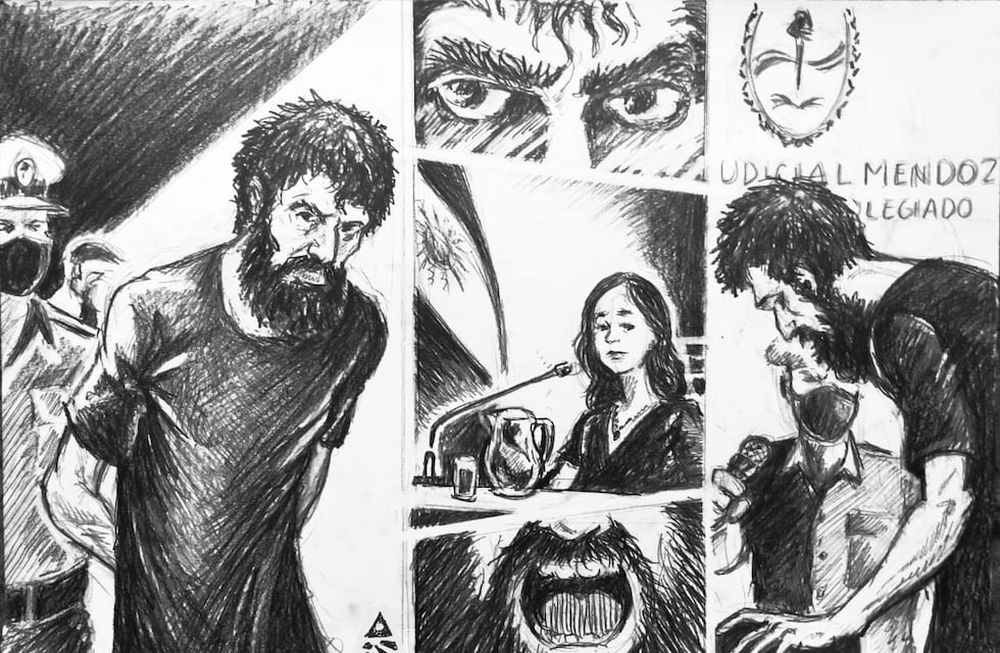 El artista Damián Pérez Santos tuvo a su cargo el court sketch del juicio contra Gil Pereg y así lo ilustró. Foto: Prensa Poder Judicial de Mendoza.