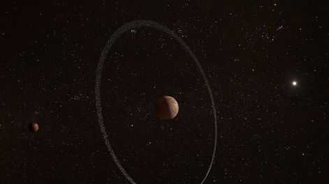 Visión artística del objeto transneptuniano Quaoar, con su anillo y el pequeño satélite Weywot, a la izquierda. A la derecha se ve el Sol, muy distante. Foto: NASA/JPL.