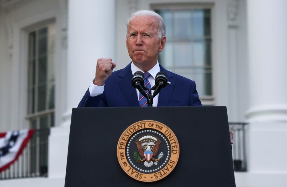 U.S. President Joe Biden delivers remarks at the White House at a celebration of Independence Day in Washington, U.S., July 4, 2021. REUTERS/Evelyn Hockstein