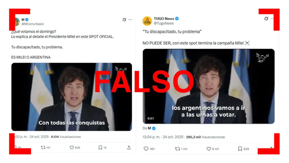 El video en el que Javier Milei supuestamente dice tu discapacitado, tu problema no es un spot oficial El video en el que Javier Milei supuestamente dice tu discapacitado, tu problema no es un spot oficial