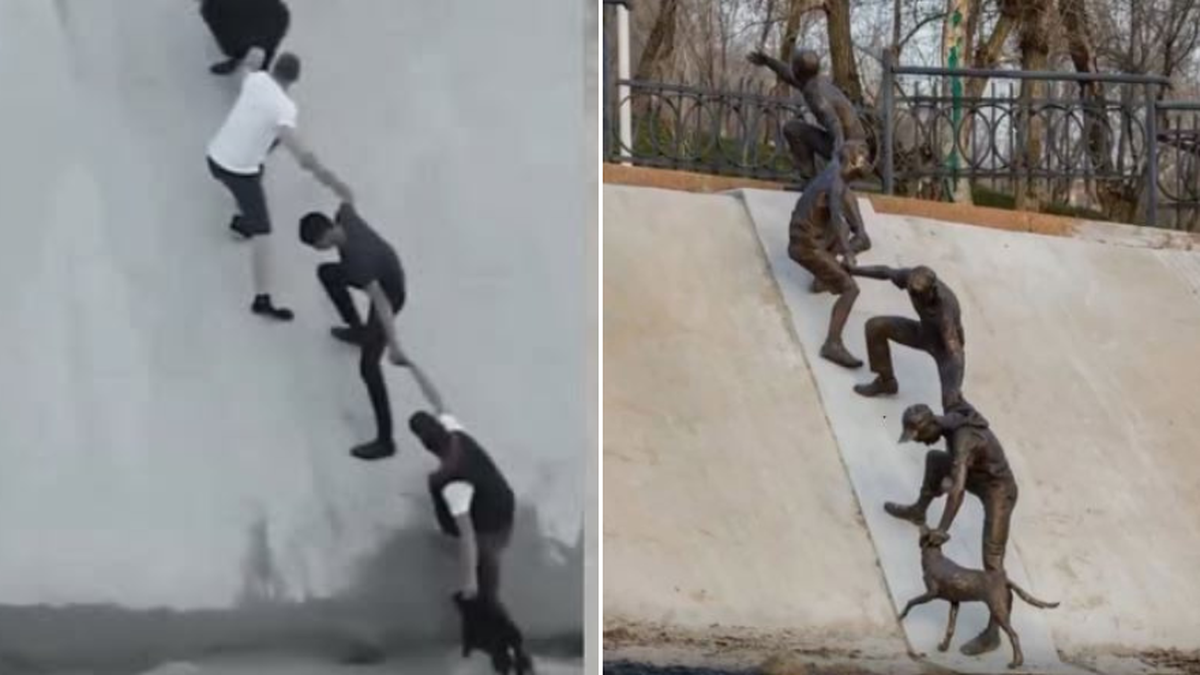 Hace 10 años se unieron para rescatar a un perro y ahora una escultura inmortaliza ese heroico momento