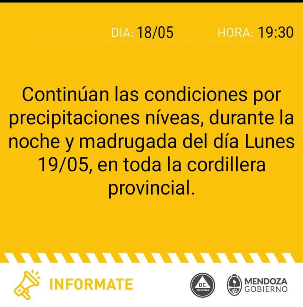 Yellow alert affecting the entire Mendoza mountain range.