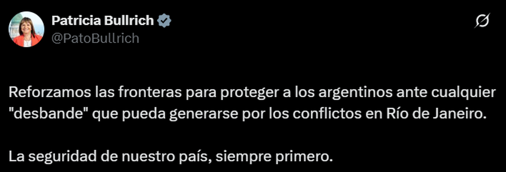 Comunicado de Patricia Bullrich sobre la alerta en la frontera.